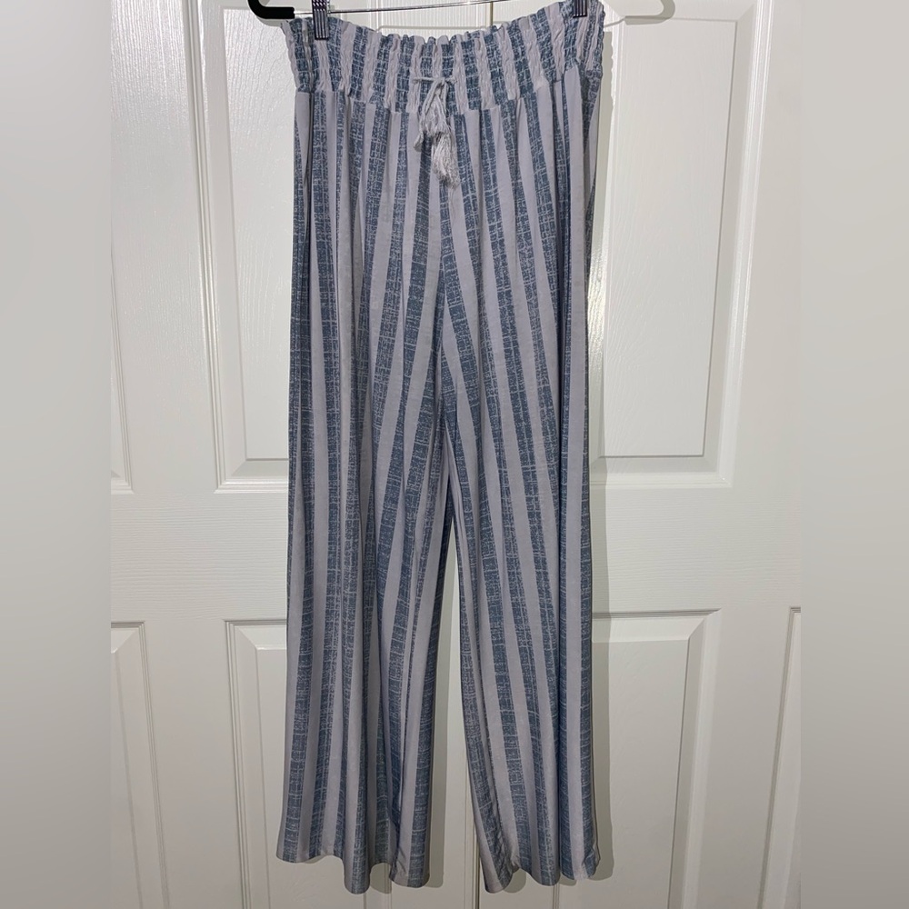 Blue & White Striped Silky Flow Pants